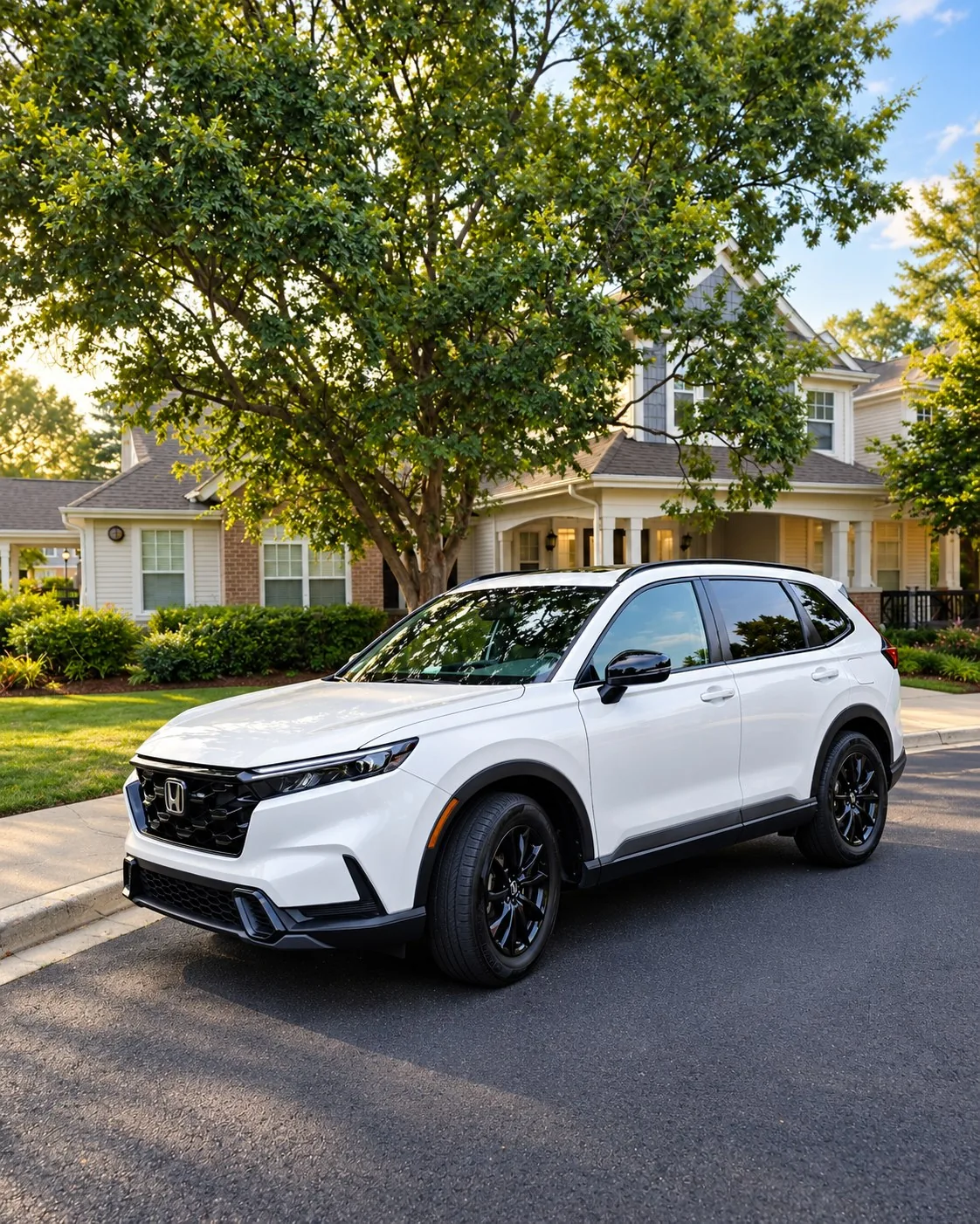 Front three-quarter view of the white Honda CR-V Hybrid