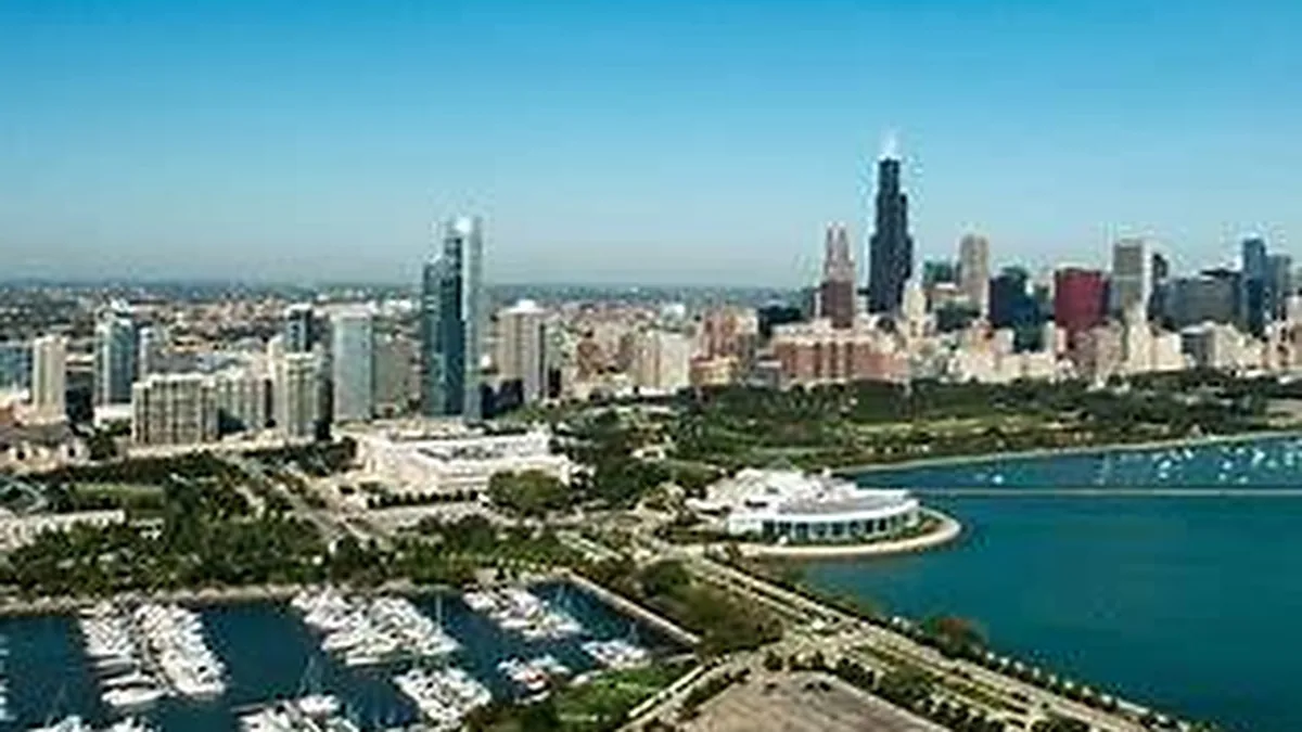 Panoramic aerial view of Chicago Museum Campus and skyline