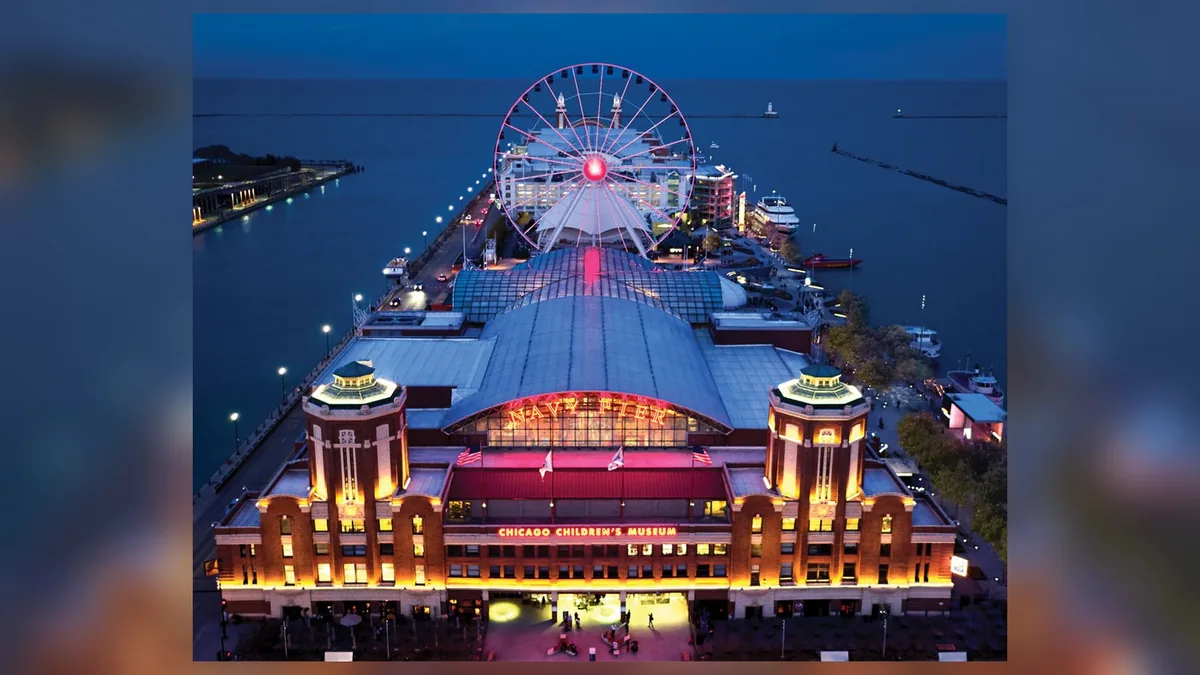 Aerial evening view of Navy Pier in Chicago